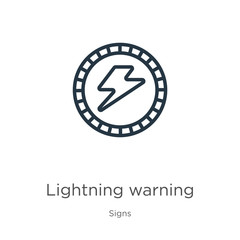 Lightning warning icon. Thin linear lightning warning outline icon isolated on white background from signs collection. Line vector sign, symbol for web and mobile