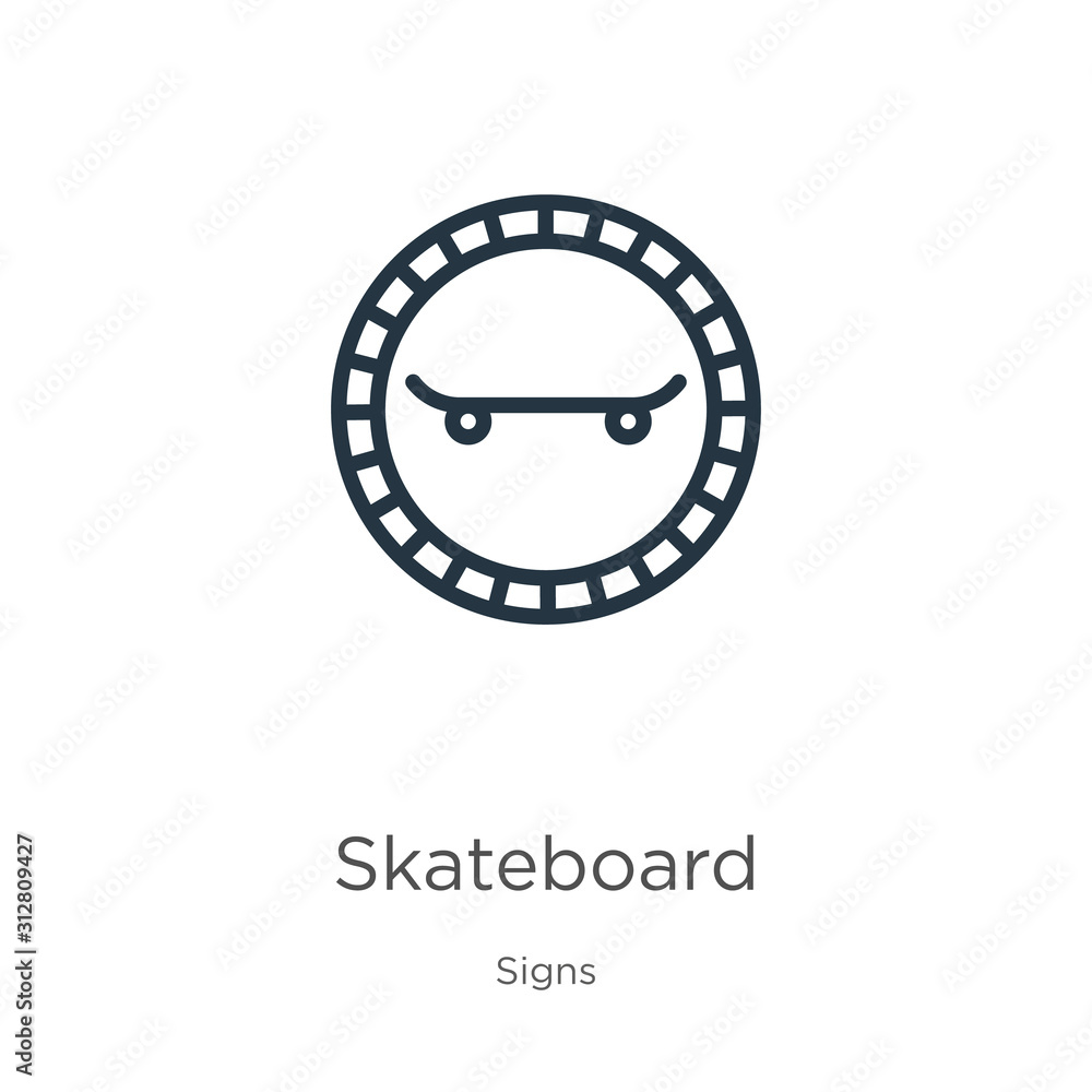Poster skateboard icon. thin linear skateboard outline icon isolated on white background from signs collect