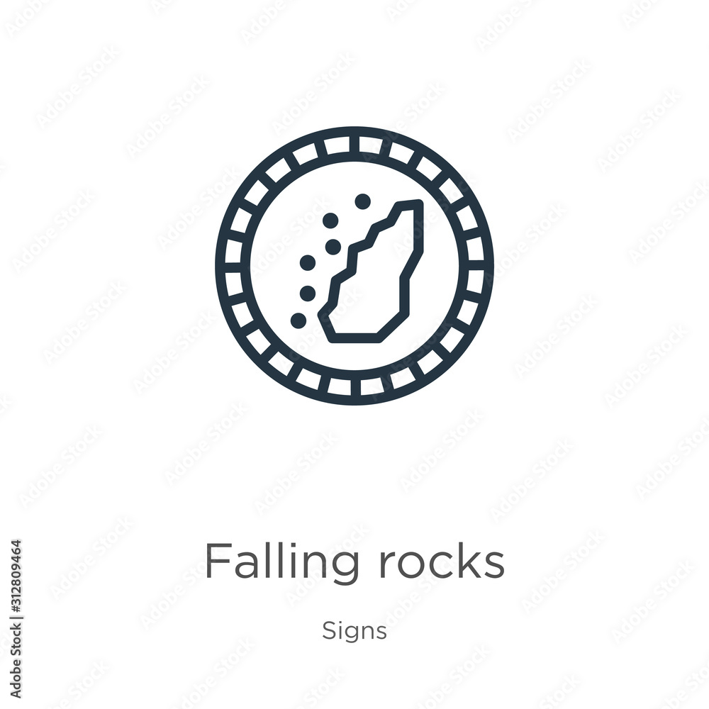 Poster falling rocks icon. thin linear falling rocks outline icon isolated on white background from signs c