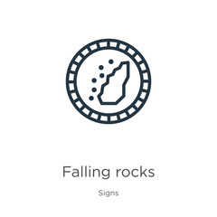 Falling rocks icon. Thin linear falling rocks outline icon isolated on white background from signs collection. Line vector sign, symbol for web and mobile