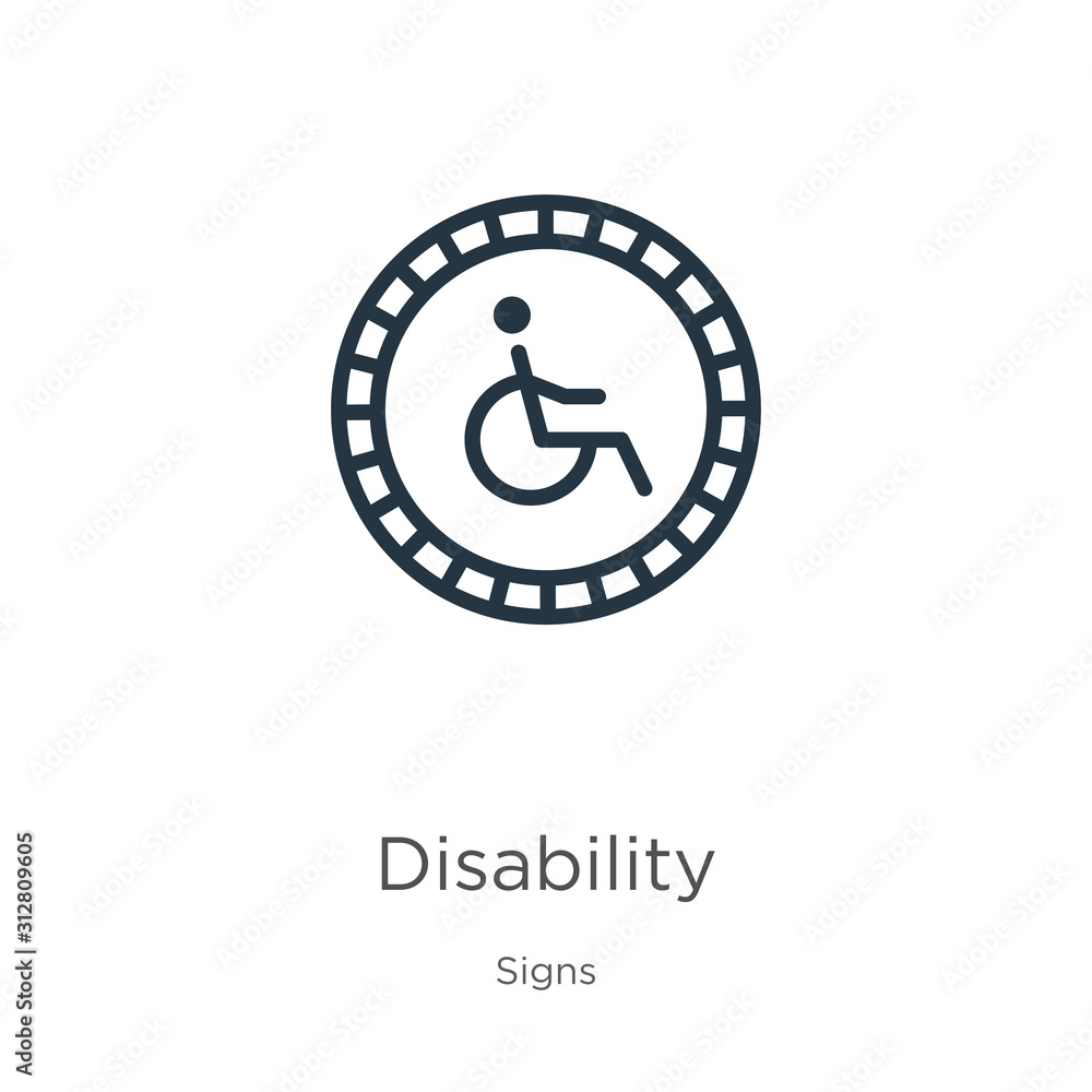 Poster disability icon. thin linear disability outline icon isolated on white background from signs collect