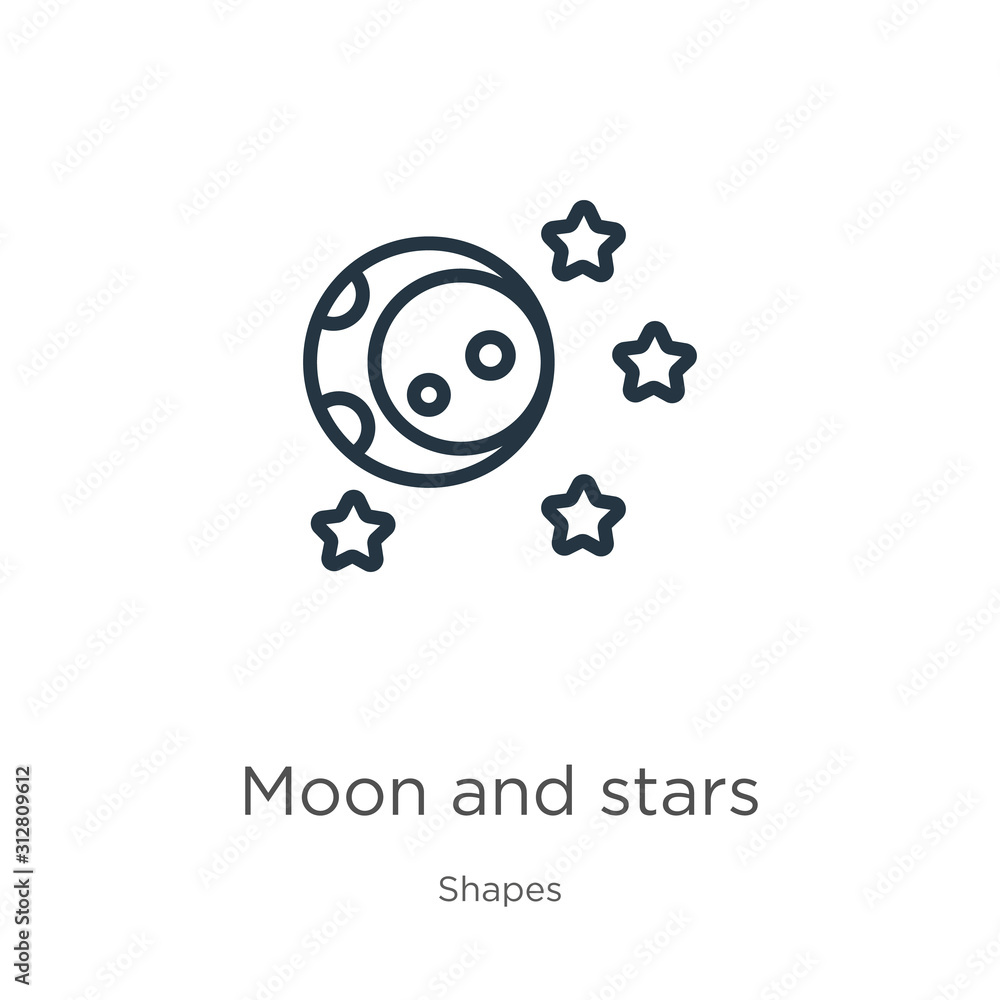 Poster moon and stars icon. thin linear moon and stars outline icon isolated on white background from shape