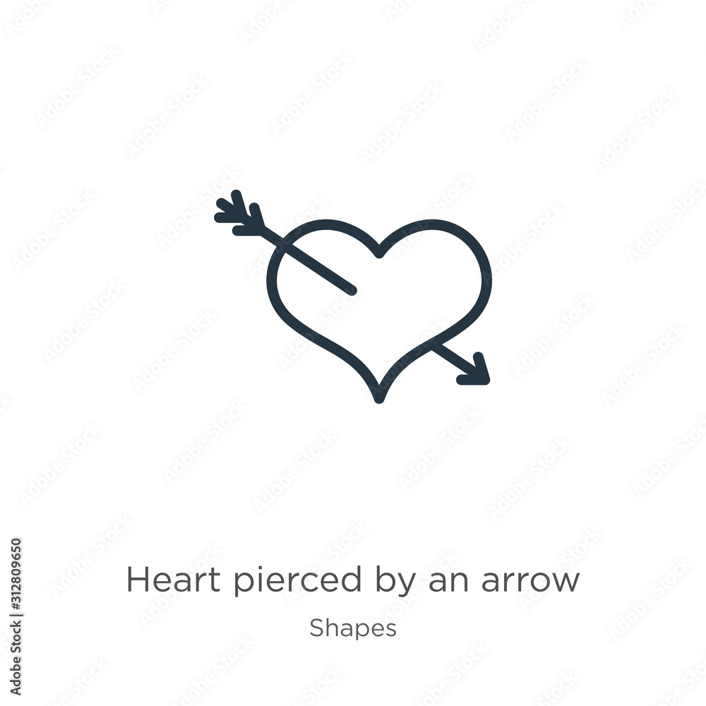 Poster heart pierced by an arrow icon. thin linear heart pierced by an arrow outline icon isolated on white