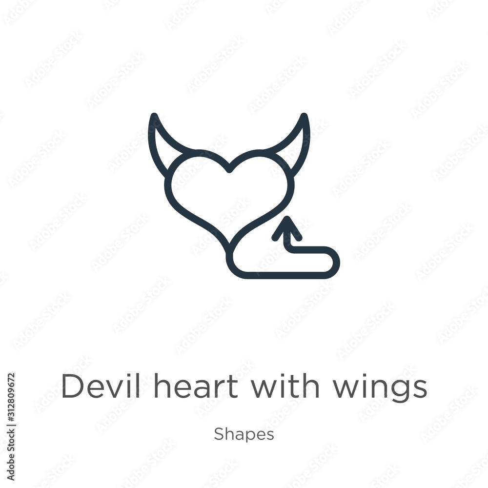 Poster devil heart with wings icon. thin linear devil heart with wings outline icon isolated on white backg