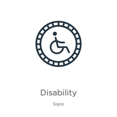 Disability icon. Thin linear disability outline icon isolated on white background from signs collection. Line vector sign, symbol for web and mobile