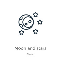 Moon and stars icon. Thin linear moon and stars outline icon isolated on white background from shapes collection. Line vector sign, symbol for web and mobile