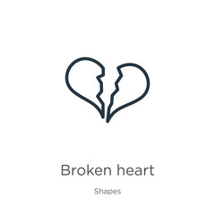Obraz premium Broken heart icon. Thin linear broken heart outline icon isolated on white background from shapes collection. Line vector sign, symbol for web and mobile