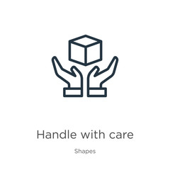 Handle with care icon. Thin linear handle with care outline icon isolated on white background from shapes collection. Line vector sign, symbol for web and mobile