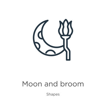 Moon and broom icon. Thin linear moon and broom outline icon isolated on white background from shapes collection. Line vector sign, symbol for web and mobile