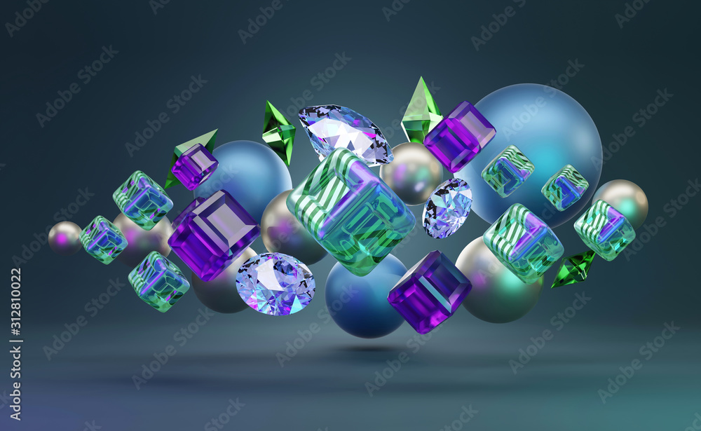 Poster group of abstract objects is floating on studio light background colorful theme, 3d render.