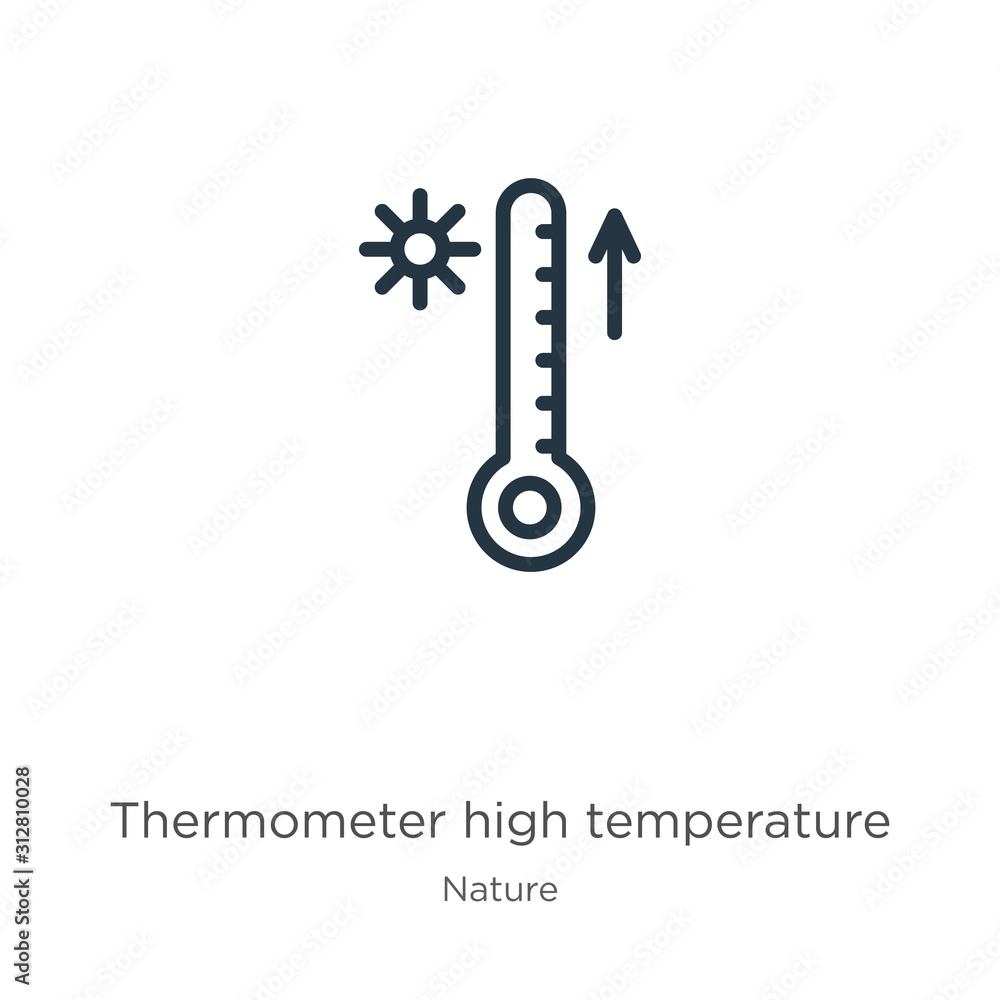 Poster thermometer high temperature icon. thin linear thermometer high temperature outline icon isolated on