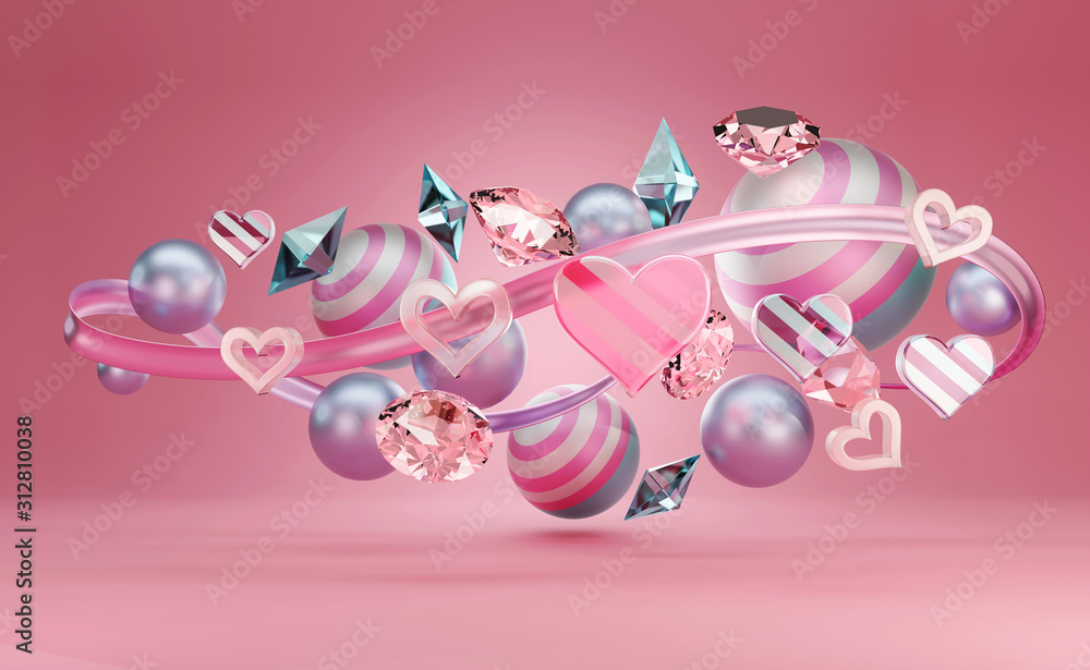 Poster group of abstract heart and objects is floating on soft pink studio light background colorful theme,