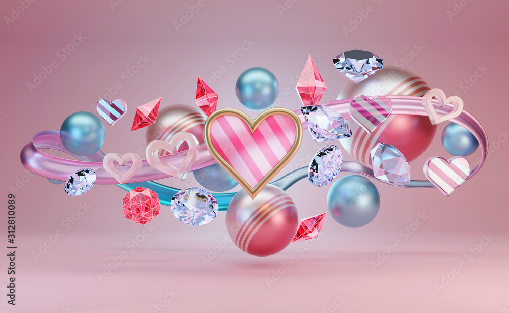 Poster group of abstract heart and objects is floating on soft pink studio light background colorful theme,