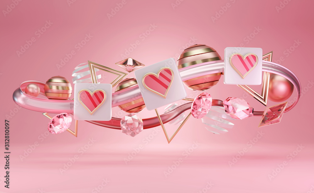 Poster group of abstract heart and objects is floating on soft pink studio light background colorful theme,