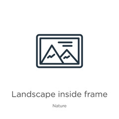 Naklejka premium Landscape inside frame icon. Thin linear landscape inside frame outline icon isolated on white background from nature collection. Line vector sign, symbol for web and mobile