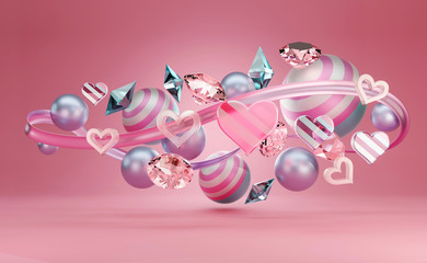 Group of Abstract Heart and Objects is Floating On Soft Pink Studio Light Background Colorful theme, 3D render.