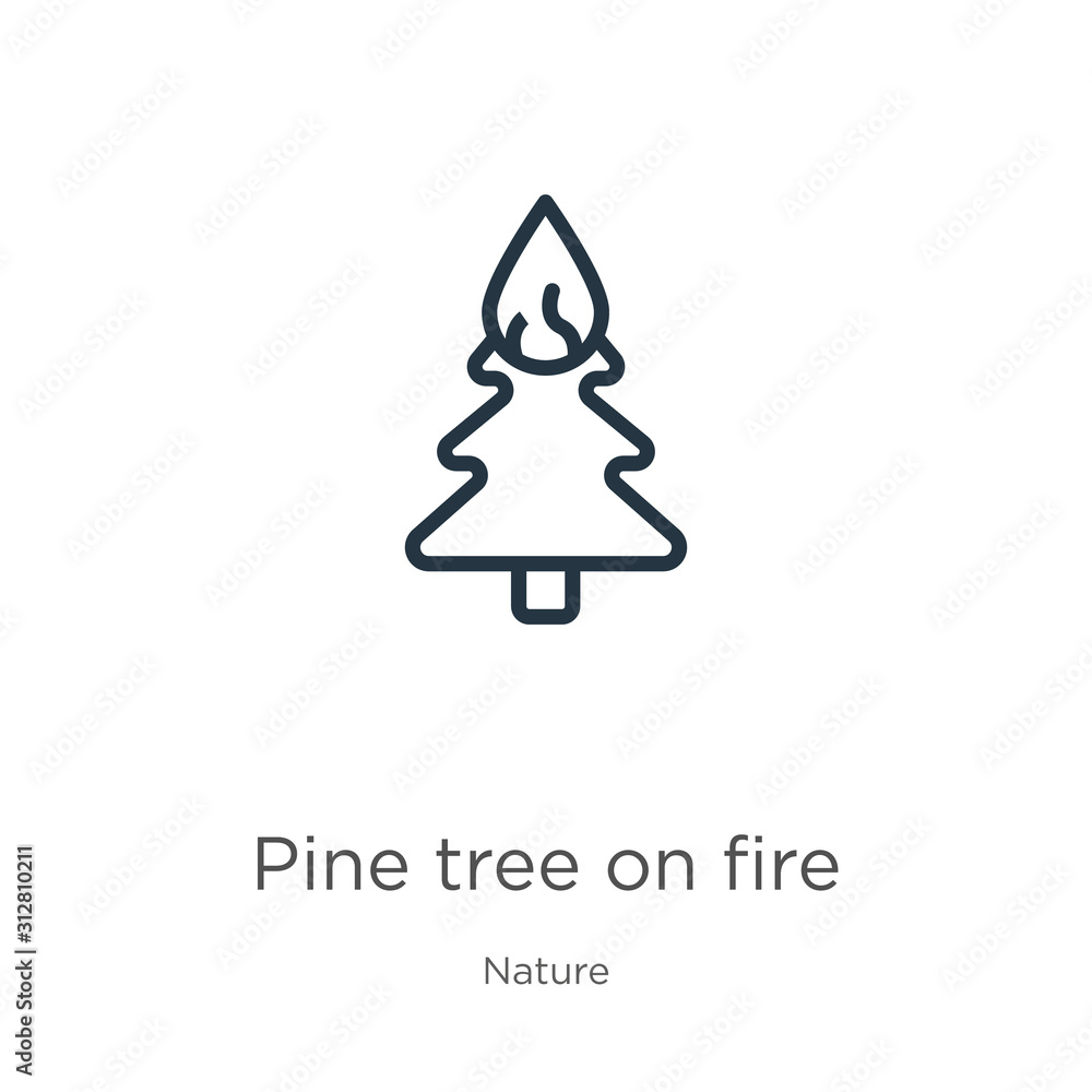 Aufkleber pine tree on fire icon. thin linear pine tree on fire outline icon isolated on white background from