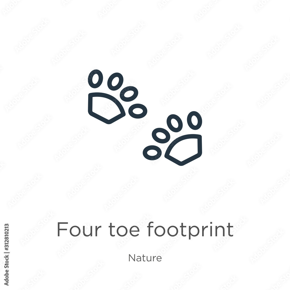 Poster four toe footprint icon. thin linear four toe footprint outline icon isolated on white background fr