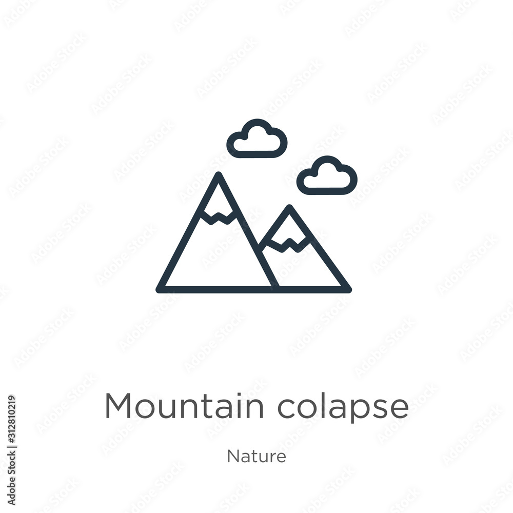 Poster mountain colapse icon. thin linear mountain colapse outline icon isolated on white background from n