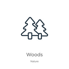 Woods icon. Thin linear woods outline icon isolated on white background from nature collection. Line vector sign, symbol for web and mobile