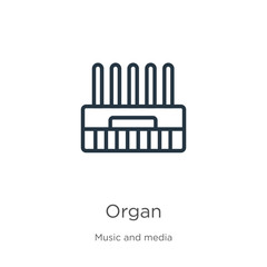 Organ icon. Thin linear organ outline icon isolated on white background from music collection. Line vector sign, symbol for web and mobile
