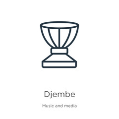 Djembe icon. Thin linear djembe outline icon isolated on white background from music collection. Line vector sign, symbol for web and mobile