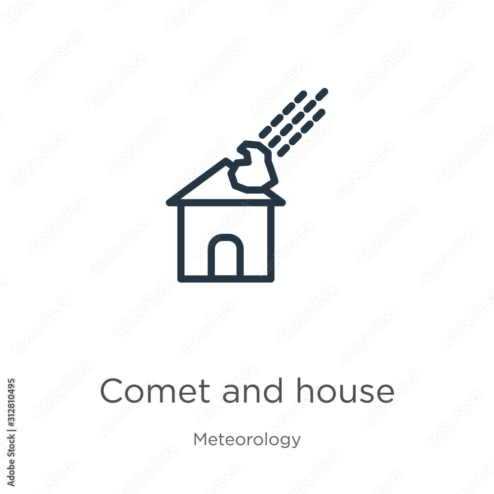 Aufkleber comet and house icon. thin linear comet and house outline icon isolated on white background from met
