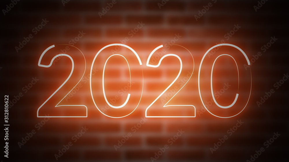 Poster new year neon sign 2020 on a background of brickwork, computer generated. 3d rendering of christmas 