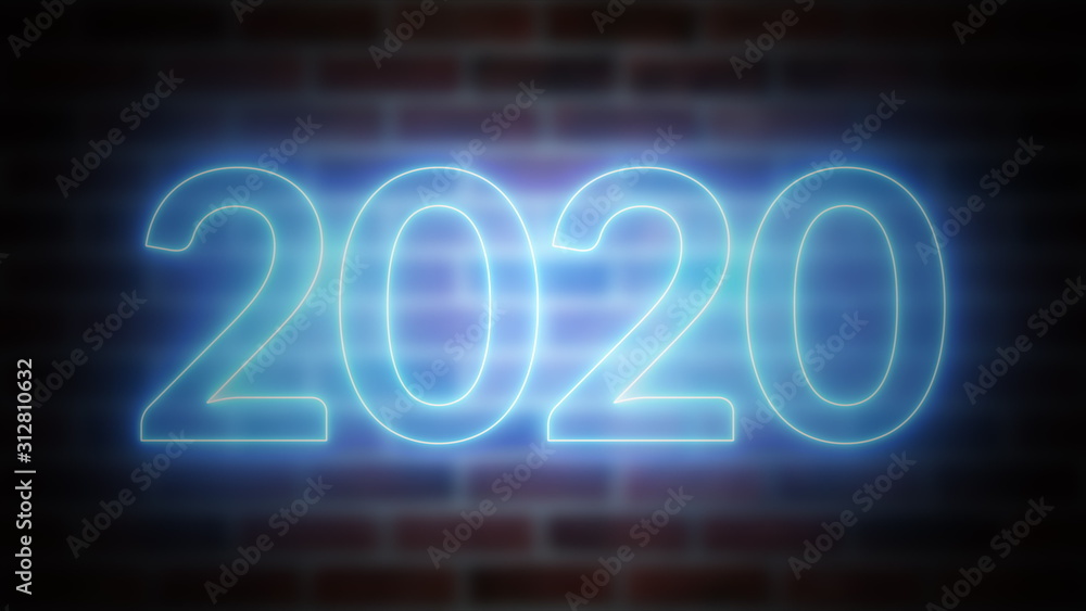 Poster new year neon sign 2020 on a background of brickwork, computer generated. 3d rendering of christmas 