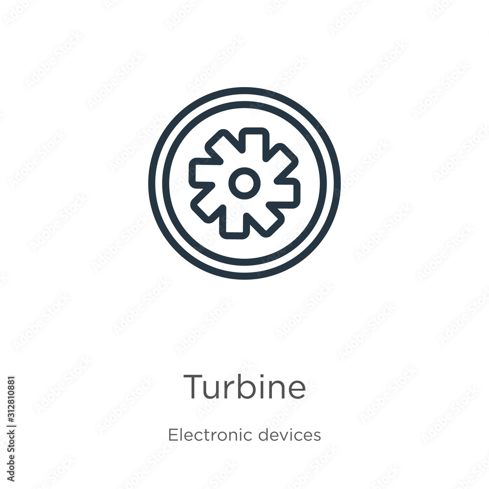 Poster turbine icon. thin linear turbine outline icon isolated on white background from electronic devices 