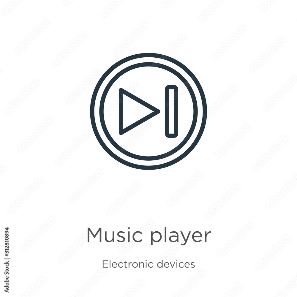 Poster music player icon. thin linear music player outline icon isolated on white background from electroni