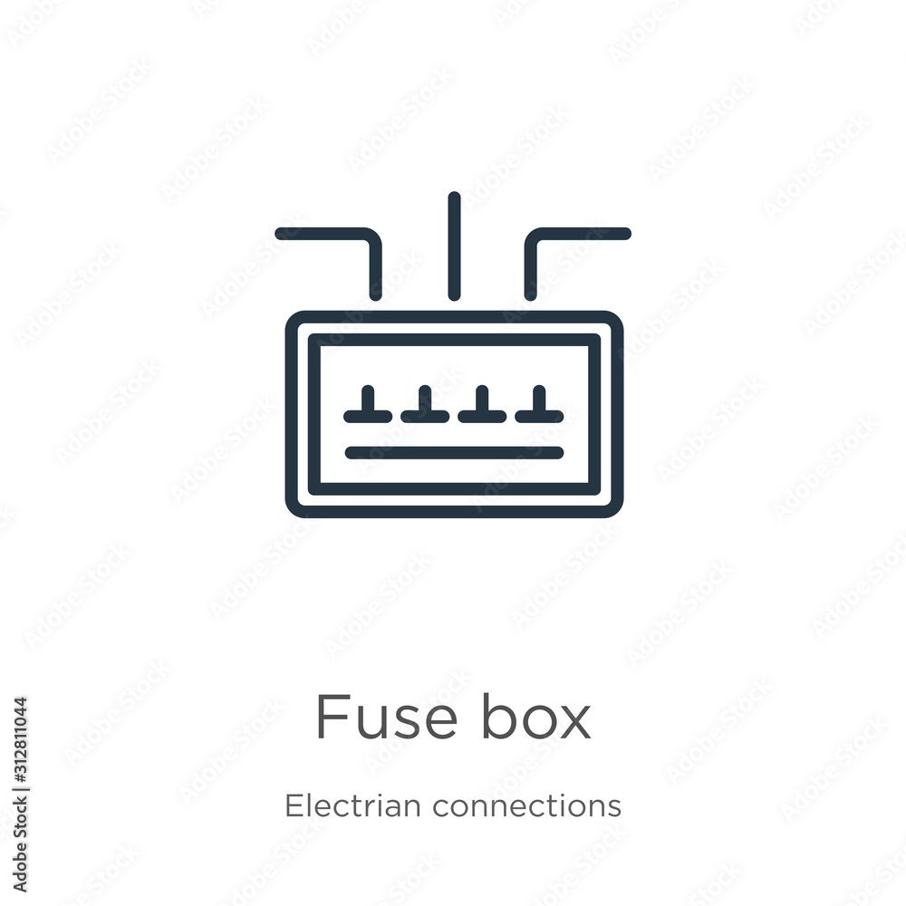 Poster fuse box icon. thin linear fuse box outline icon isolated on white background from electrian connect