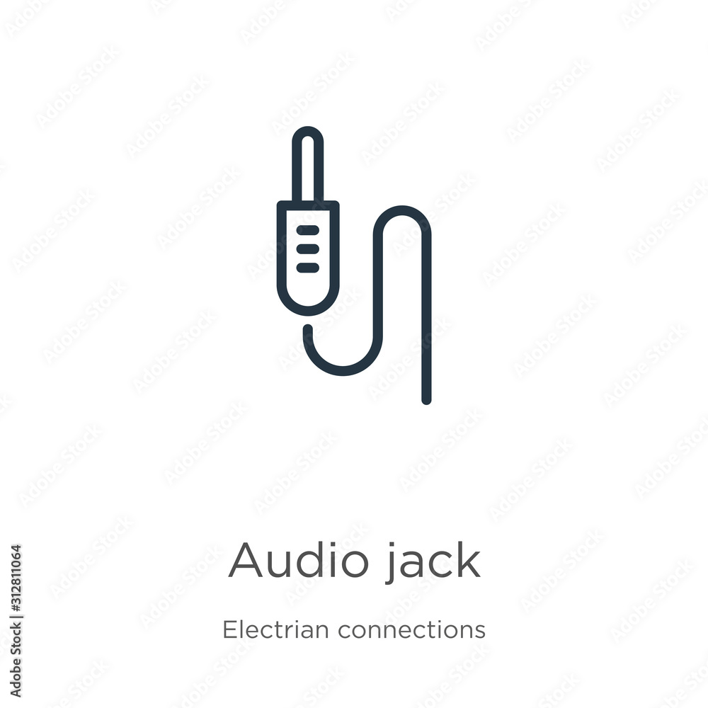 Poster audio jack icon. thin linear audio jack outline icon isolated on white background from electrian con