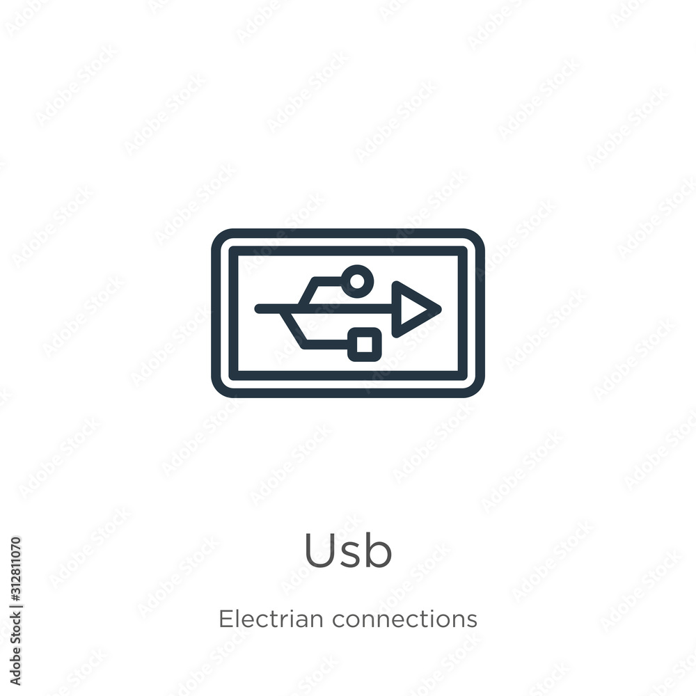 Poster usb icon. thin linear usb outline icon isolated on white background from electrian connections colle
