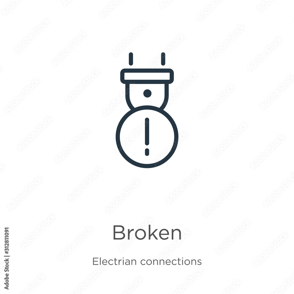 Poster broken icon. thin linear broken outline icon isolated on white background from electrian connections