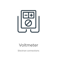 Voltmeter icon. Thin linear voltmeter outline icon isolated on white background from electrian connections collection. Line vector sign, symbol for web and mobile