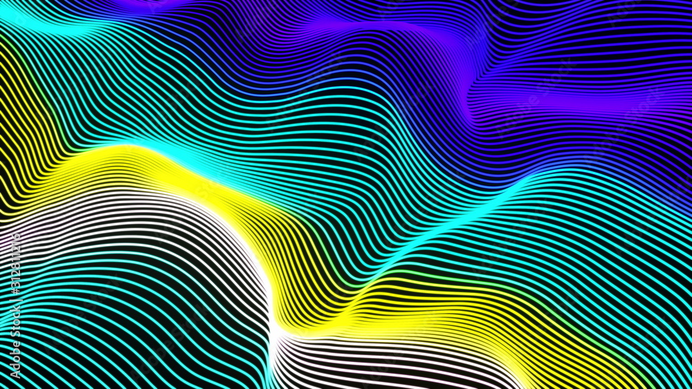Poster computer generated a big data wave of particles. color striped effect. 3d rendering of a futuristic 
