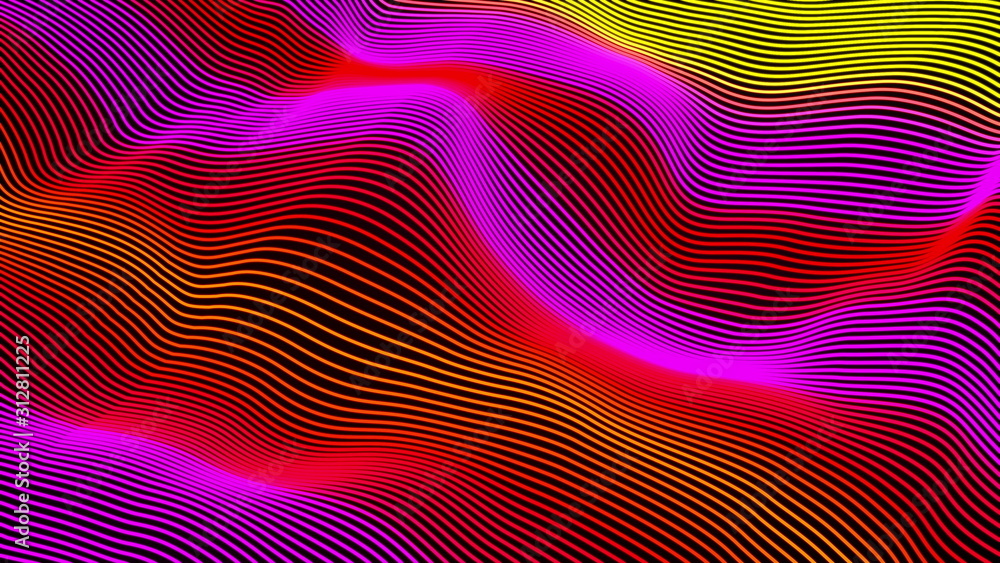 Poster computer generated a big data wave of particles. color striped effect. 3d rendering of a futuristic 