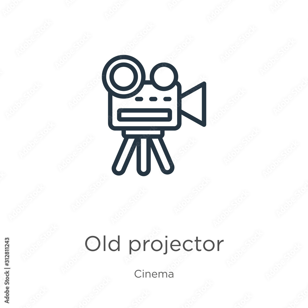 Poster old projector icon. thin linear old projector outline icon isolated on white background from cinema 