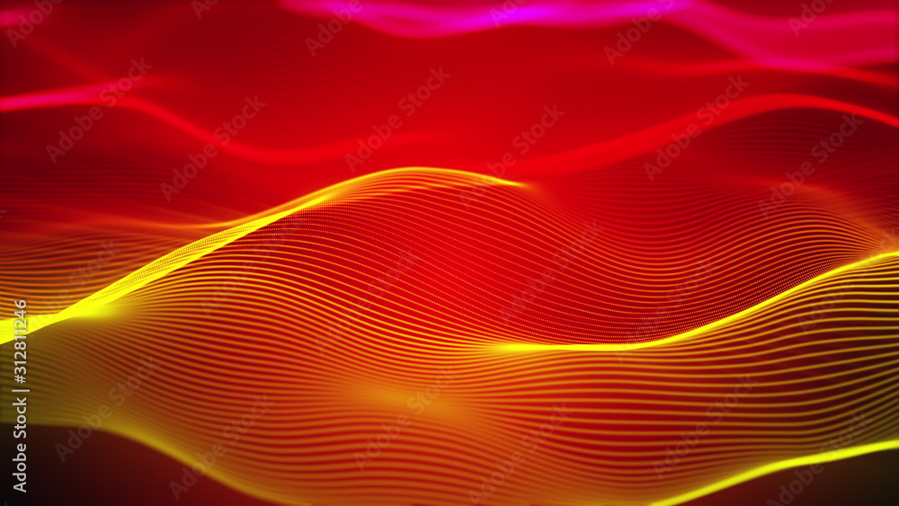 Poster big data wave of particles, computer generated. glowing striped effect. 3d rendering of a futuristic