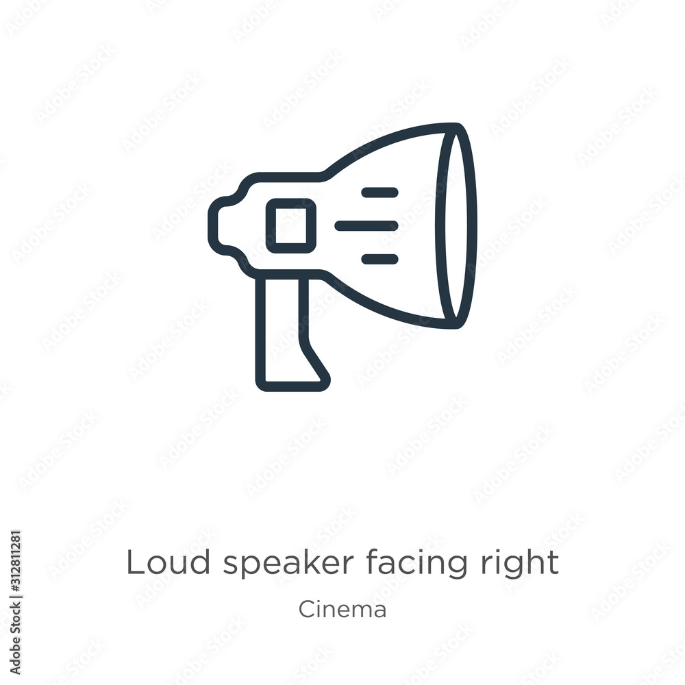 Poster loud speaker facing right icon. thin linear loud speaker facing right outline icon isolated on white