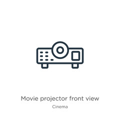 Movie projector front view icon. Thin linear movie projector front view outline icon isolated on white background from cinema collection. Line vector sign, symbol for web and mobile