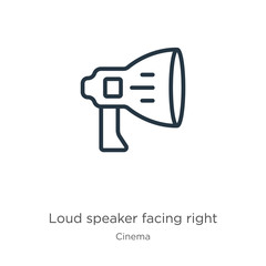 Loud speaker facing right icon. Thin linear loud speaker facing right outline icon isolated on white background from cinema collection. Line vector sign, symbol for web and mobile