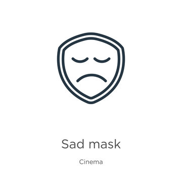 Sad mask icon. Thin linear sad mask outline icon isolated on white background from cinema collection. Line vector sign, symbol for web and mobile