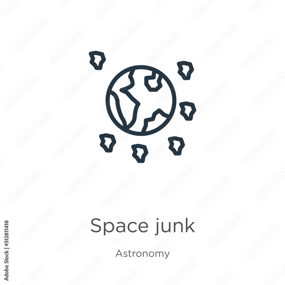 Poster space junk icon. thin linear space junk outline icon isolated on white background from astronomy col