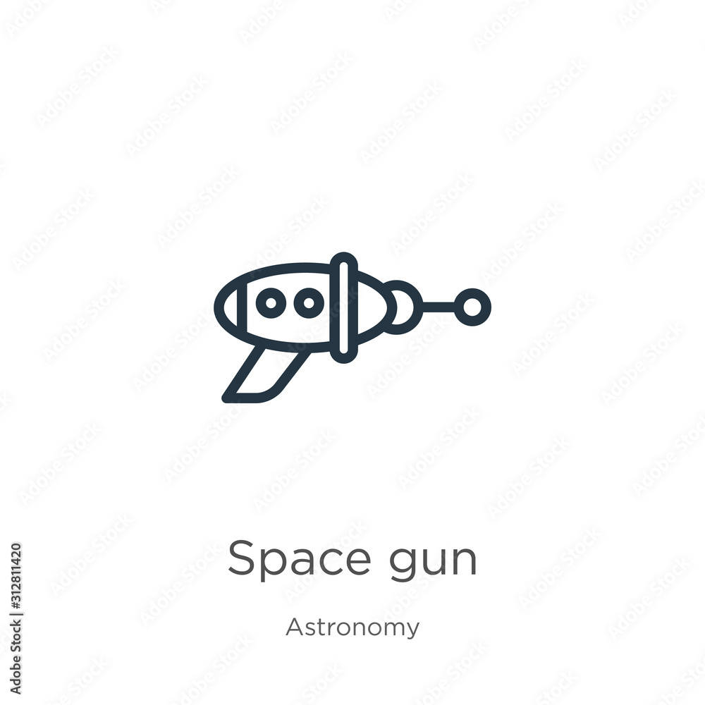 Poster space gun icon. thin linear space gun outline icon isolated on white background from astronomy colle
