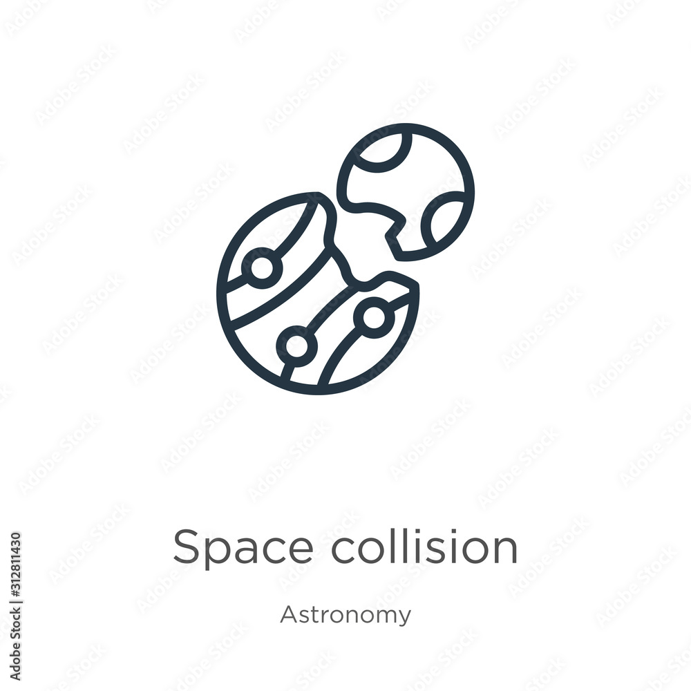 Poster space collision icon. thin linear space collision outline icon isolated on white background from ast
