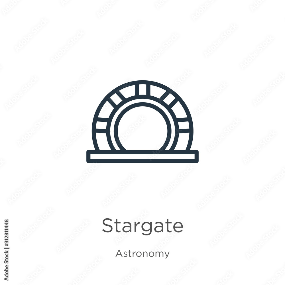 Poster stargate icon. thin linear stargate outline icon isolated on white background from astronomy collect