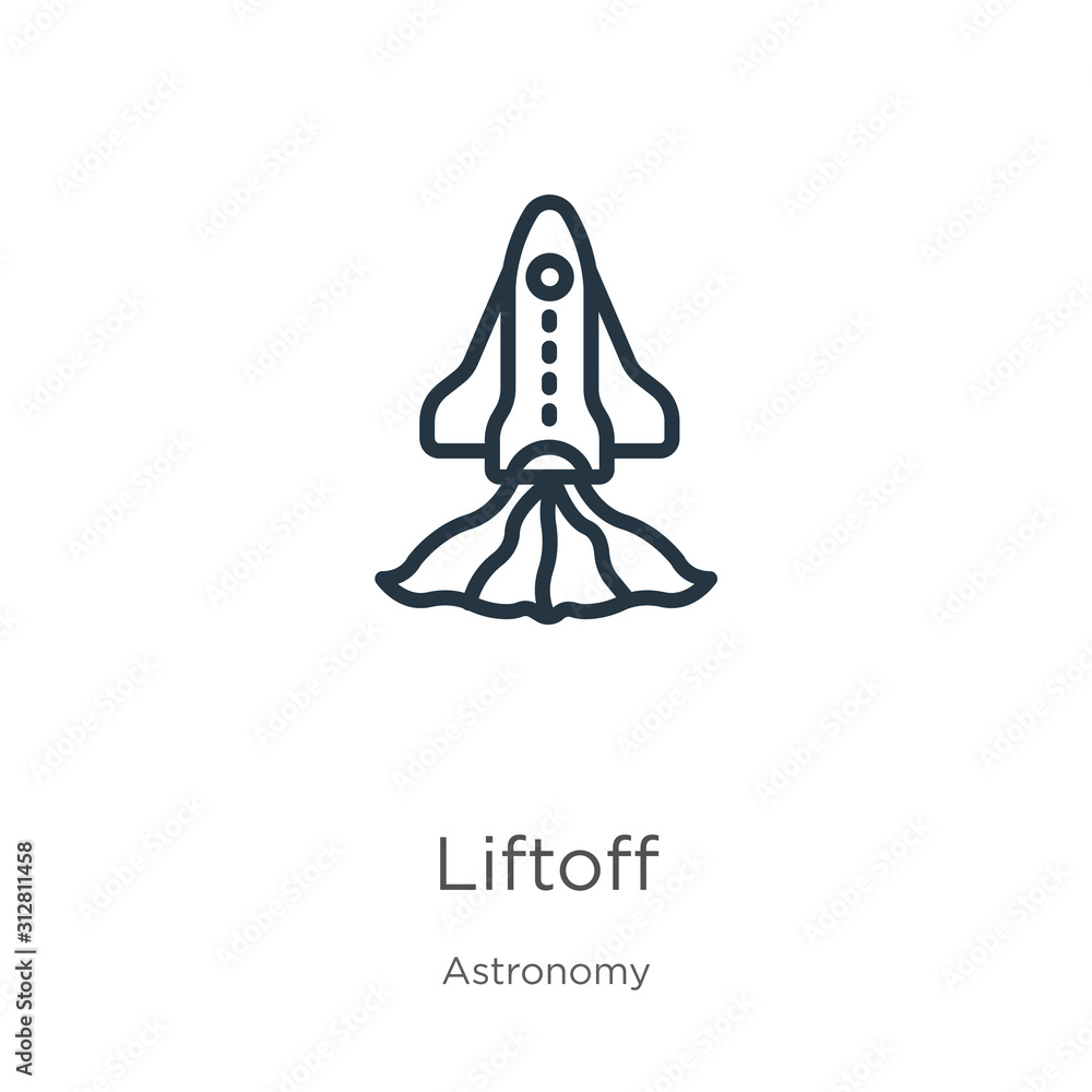 Poster liftoff icon. thin linear liftoff outline icon isolated on white background from astronomy collectio
