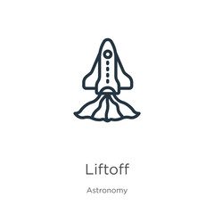 Liftoff icon. Thin linear liftoff outline icon isolated on white background from astronomy collection. Line vector sign, symbol for web and mobile